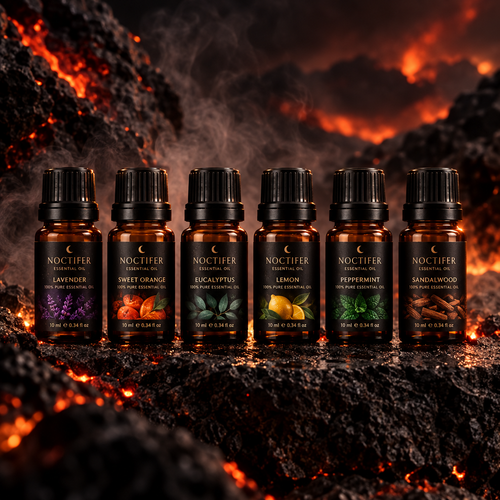 NOCTIFER Essential Elements Kit — 6 pure essential oil bottles on dark volcanic stone with moody atmospheric lighting