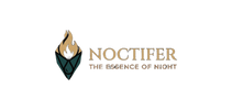 A logo-style graphic on a white background featuring a dark teal geometric emblem with a stylized flame in gold, white, and orange, alongside the word 'NOCTIFER' in tan serif text and the phrase 'THE ESSENCE OF NIGHT' below.